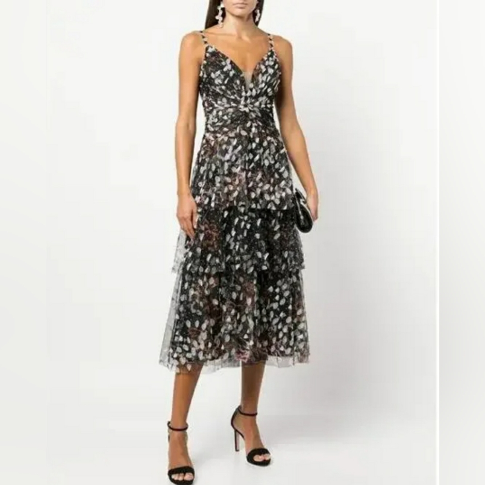 Marchesa Notte Black Brown&White Sleeveless Midi Dress. Sz.16 NWT